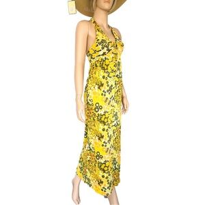 Yellow Backless Halter Sundress 70s floral maxi garden party summer gown dress